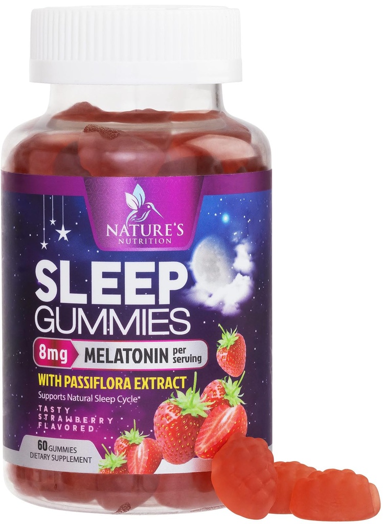 成人睡眠Gummys Extra Force 8mg - Melatonin with Passiflora Excert for Restful Sleep - 快速代理 Melatonin 睡眠Gummy 补充品, Vegan, Non-GMO, 美味草莓 Flamvor - 60 Gummys