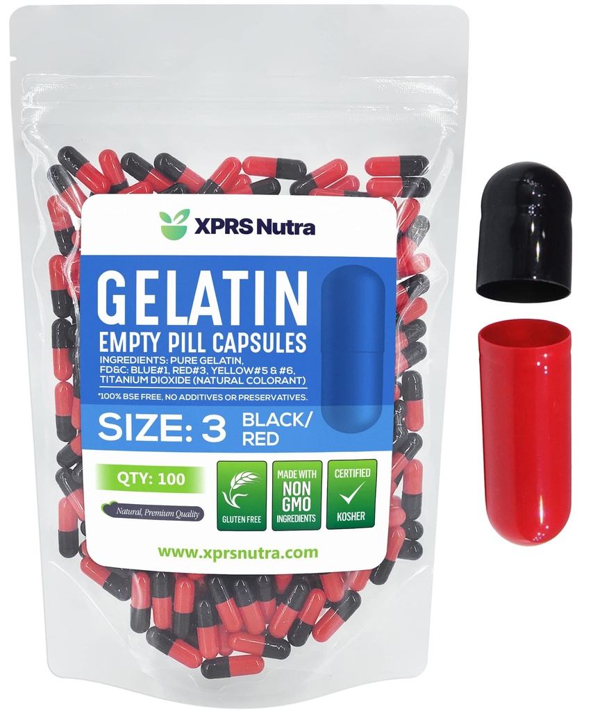 XPRS Nutra 大小 3 空卡普勒斯 - 100 个空卡普勒斯 空卡普勒斯 - Pills DIY Capsule 填充 - Pure Bovine Pill Gel Caps 可填充用于多伊-你自己维生素和补充(黑色/红色)