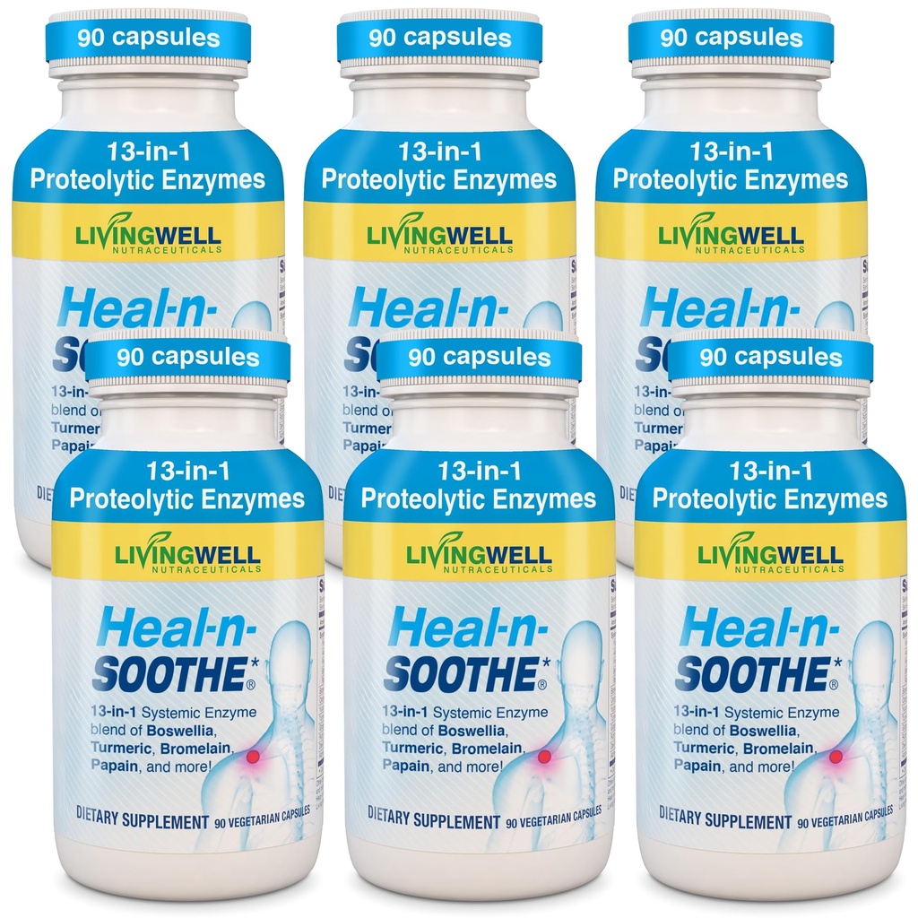 HEAL-N-SOOTHE 联合支持补编 - Bromelain & Papain等蛋白质酶,配有Boswellia,Turmeric & Ginger - 推广蛋白质消化功能和身体防御井 - 90 Counter(6 Pack)