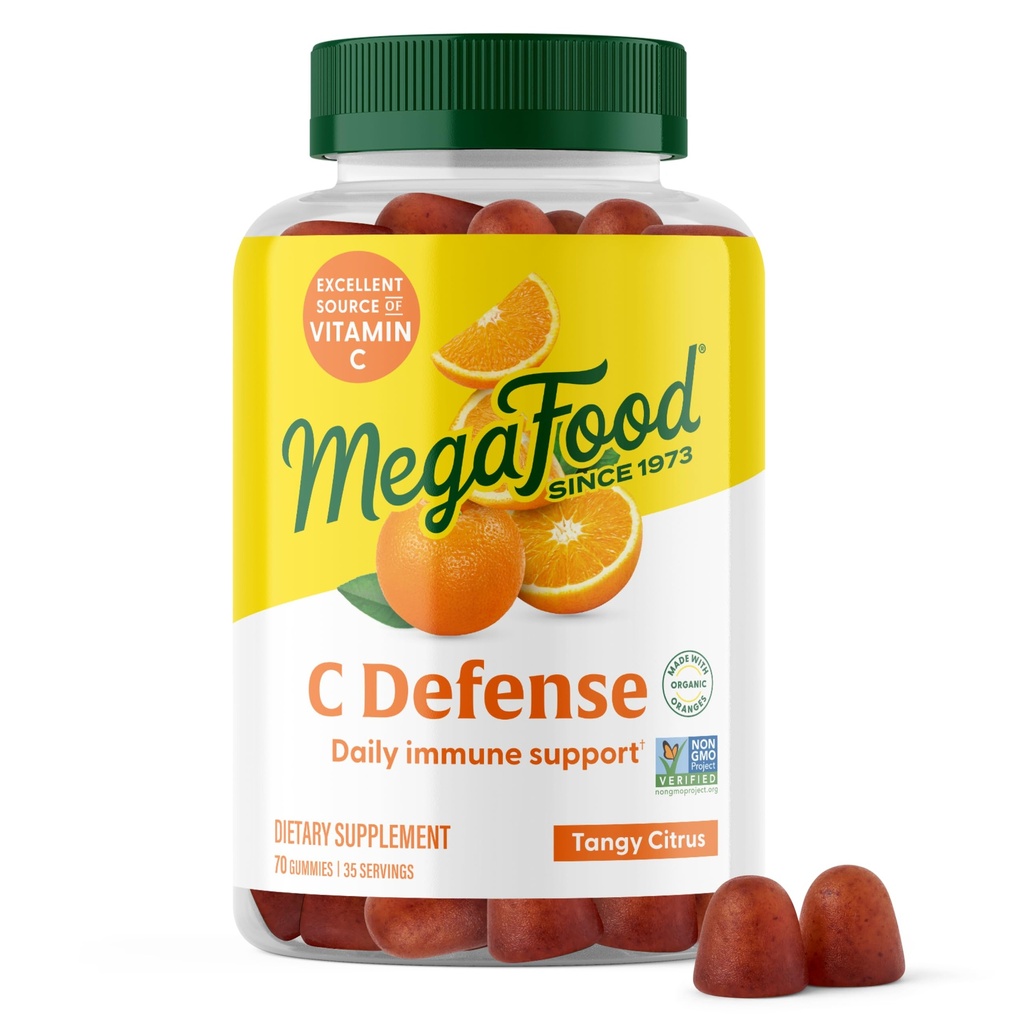 Megafood C Defense Daily Immune Support Suppless - Chewable Vitamin C Gummys, Tangy Citrus Flavor, 使用橙色和Cranberry, Vegan, Gluten-Free - 70 Gummy Vitamins, 35 services (英语).