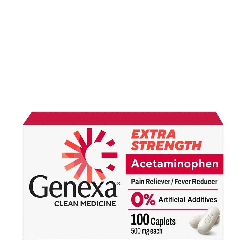 Genexa Clean Acetaminophen 500mg 额外力量,Dye 自由疼痛 解热剂,0% 人工添加剂,成人疼痛药,解热头痛,背痛,小关节炎疼痛,100块片