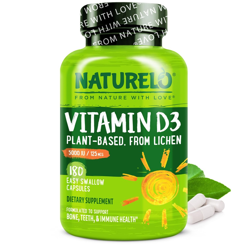 NATURELO 维生素D - 5000 IU - 以Lichen为原料的植物 - 天然D3 免疫系统补充剂,骨骼支持,联合健康 - 高概率 - Vegan - 非GMO - Gluten Free - 180盖