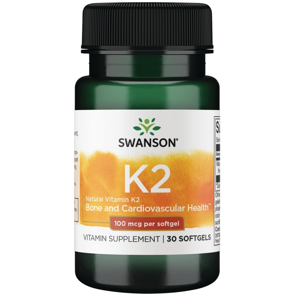 Swanson Vitamin K2(Menaquinone-7) - 维生素补充剂支持心血管和骨质健康 - 由日本Natto制造,帮助调节钙 - (30 Softgels,每架100mcg)