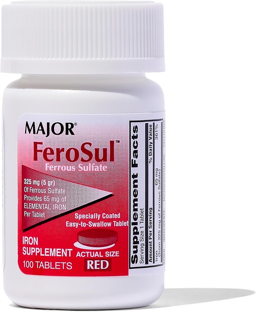 Ferosul少校 - Ferrous Sulfate 325mg 平板电脑,装有65mg 元素铁 - 女性,男性的铁辅件 - 红色 - 100 计数器