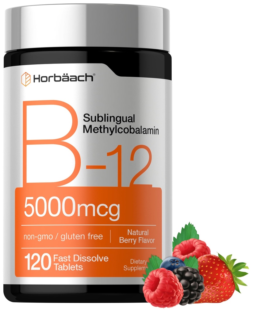 Horbäach B12 维生素 5000 mcg → 120 快速溶解片 → 亚语 甲基Cobalamin → 蔬菜, Non-GMO & Gluten 免费补充品