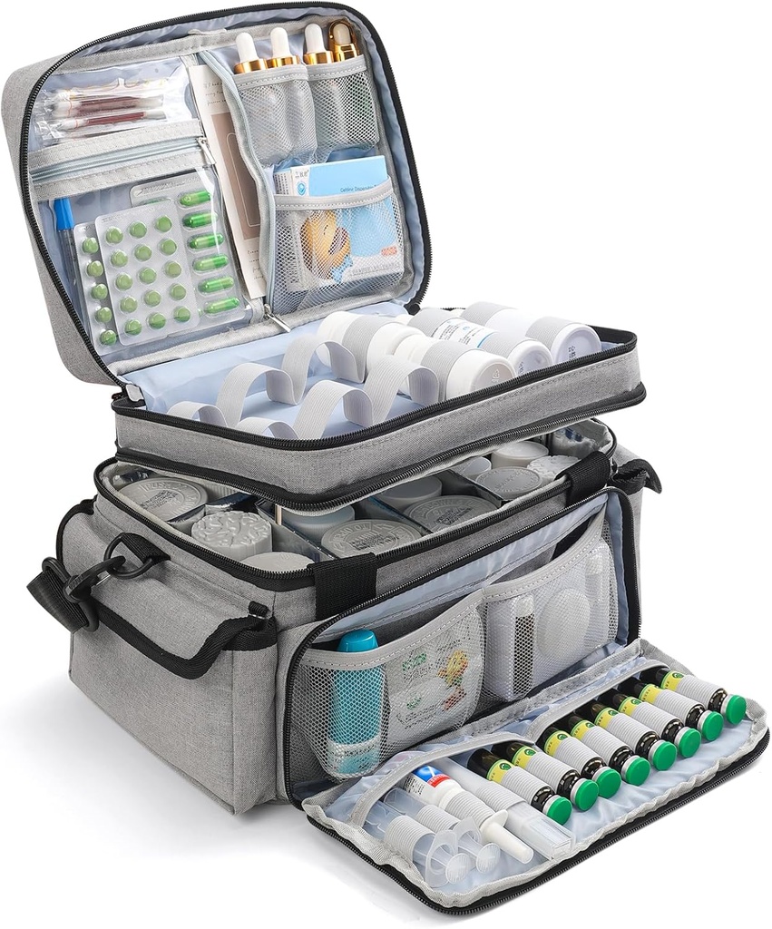 Medicine Organizer with Adjustable Divider, Double-Layer Medicine Bottle Organizer Storage, Portable Home Health First Aid Bag, Medicine Organizer Box for Emergency Medications (Bag Only)