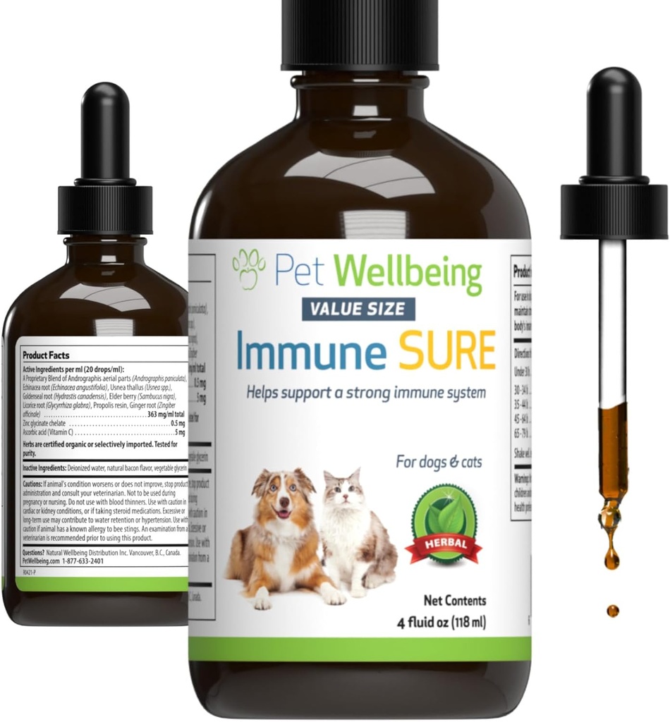 Petwelling Immune Sure for Dogs - 支持正常的免疫防御,Gut Florable 平衡,Andrographis, Echinacea,维生素C,锌 - 兽医-配药草药补充剂 4 oz (118 ml)