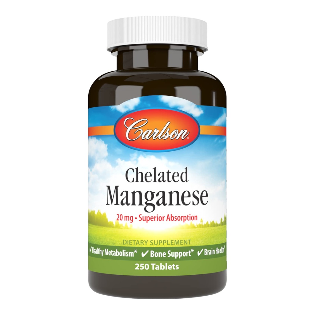 Carlson - Chelated Manganese, 20毫克 - 高级吸收、健康代谢、骨支持和脑健康,250片