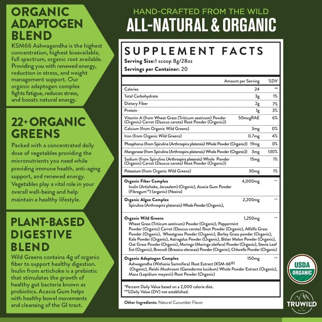 Truwild Greens Superfood Juice Powder, 配有22+ Greens & Anti-Oxidants, Natural Immune, 压力, 文摘支持粉末, 90 services, 3 pack