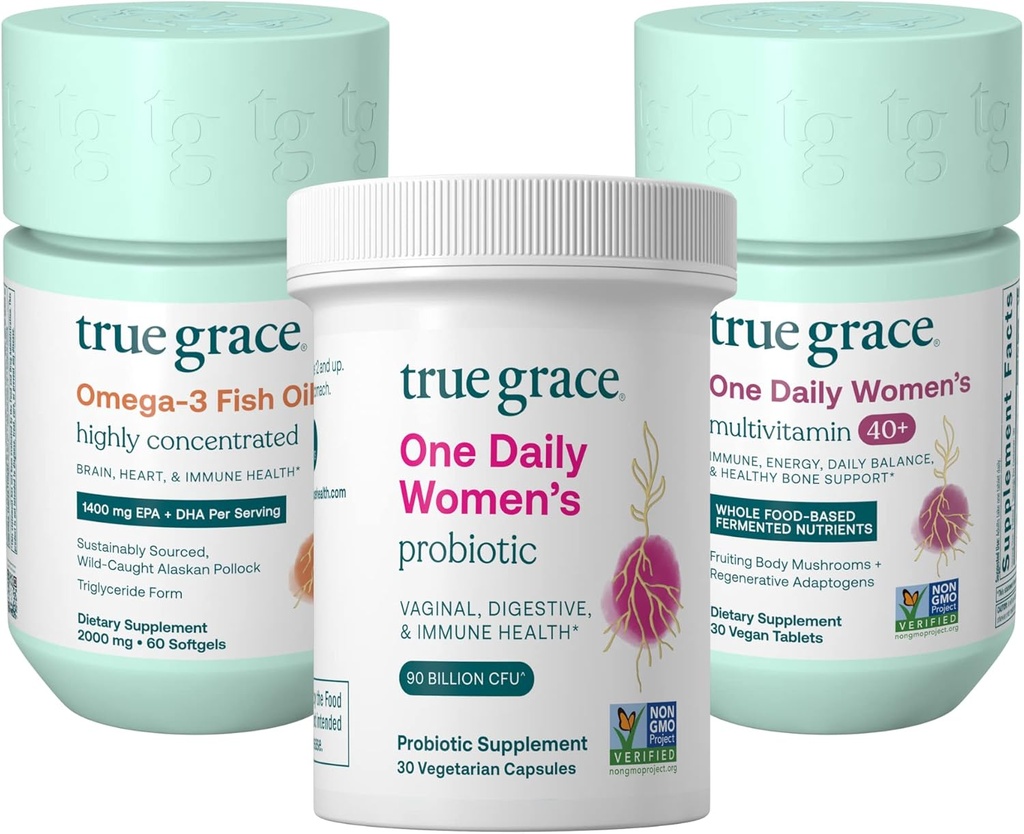 True Grace One Daily Women ' s Multivitamin 40+(30 Vegan平板电脑)、Omega-3 Fish Oil(60 Softgels) & One Daily Women Probiotic(30 Vegetarian Capsules) - 每人供应30天