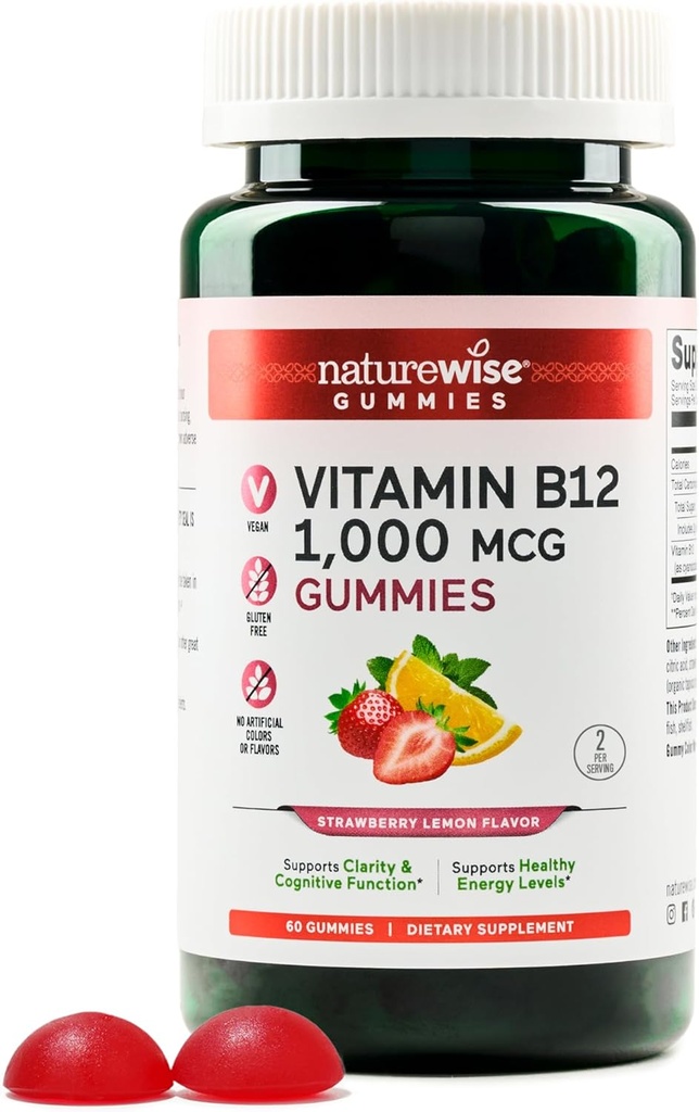 NatureWise Vitamin B12 Gummys for Adults, 1000 mcg - 草莓柠檬火焰 - 支持日常能源,精神清晰,认知功能 - Vegan, Gluten - Free, Non-GMO - 60 Counter [1-Month Supplement].