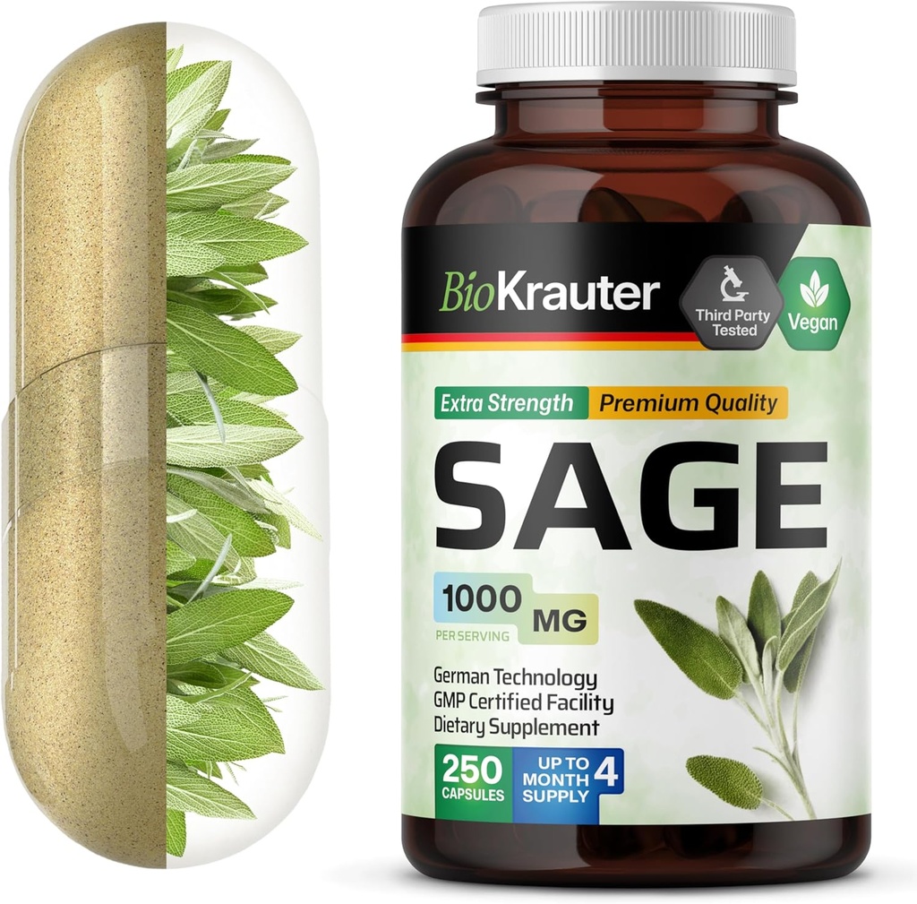 BIO KRAUTER Sage 补充 Capsules 1000 mg - 250 Vegan Caps - 与 Salvia Officinalis - Immune 和 消化支持 - 富含抗氧化剂