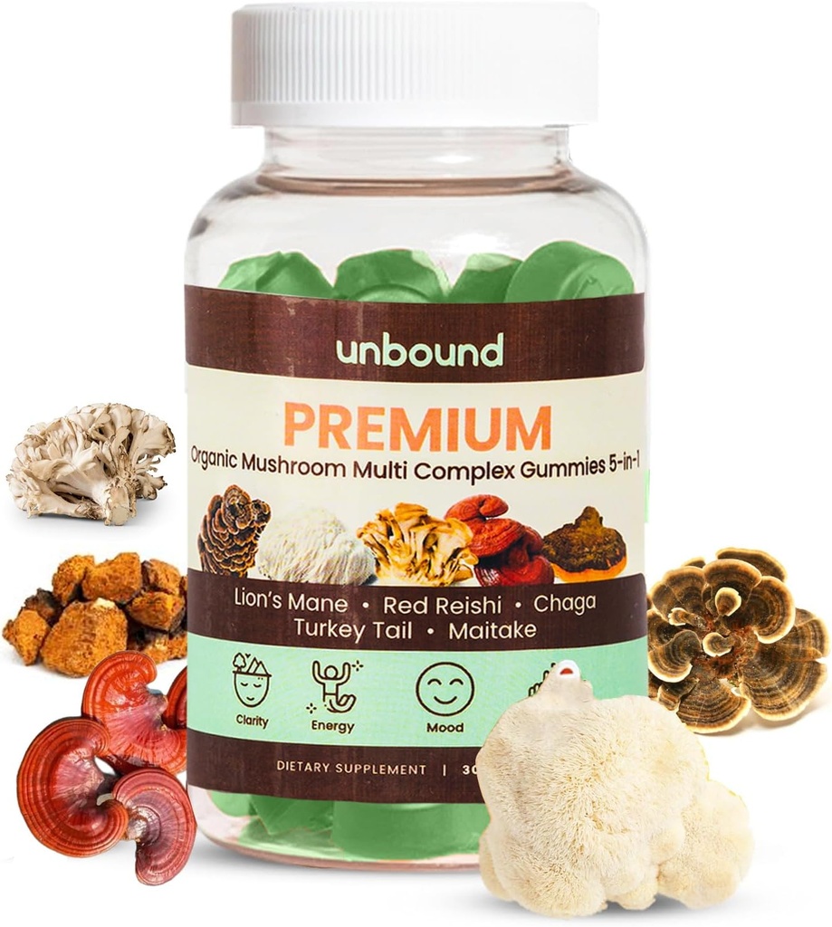 無限的 Premium 有机蘑菇多复合体 支持记忆 5 in 1, Blend with Chaga, Lion's Mane, Reishi, Turkish Tail, Maitake - 60 Gummys,
