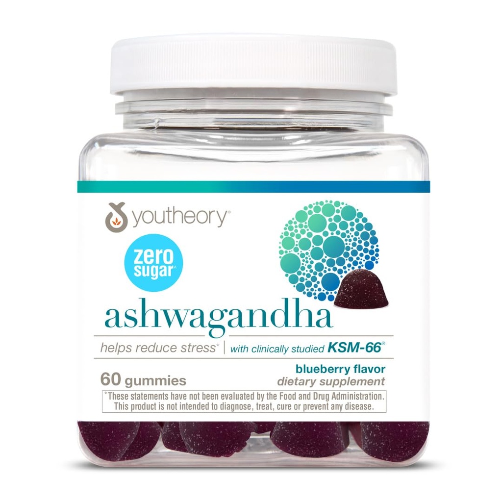Youtheory Ashwagandha - 蔬菜能量和压力支持补充 有机KSM-66 & 姜汁提取 - 低糖 - 蓝莓,60 Gummys(30天供应)