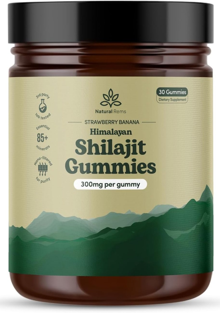 天然 Rems 有机Shilajit Gummys for Men and Women - Lab Tested - 在美国制造的 纯喜马拉雅有机体 - Fulvic酸 - 能量和焦点 - 综合健康补充剂(Strawberry Banana)
