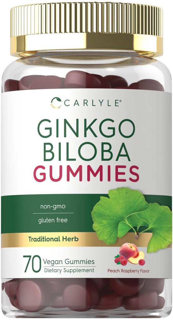 Carlyle Ginkgo Biloba 300mg 70 Gummys | 45:1 叶片抽取 | 与桃子 Raspberry Flavor | Vegan, Non-GMO, Gluten Free Supple Supplement | | | | |