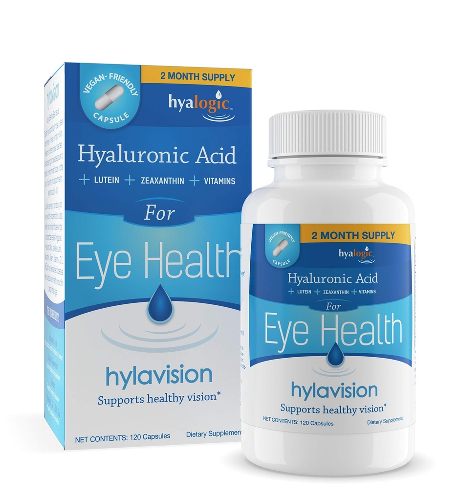 HylaVision眼部健康补充:Hyaluronic Acid、Lutein和Zeaxanthin 视觉支助饮食补充(120 Capsules)——由Hyalogic制作的Vegan公式