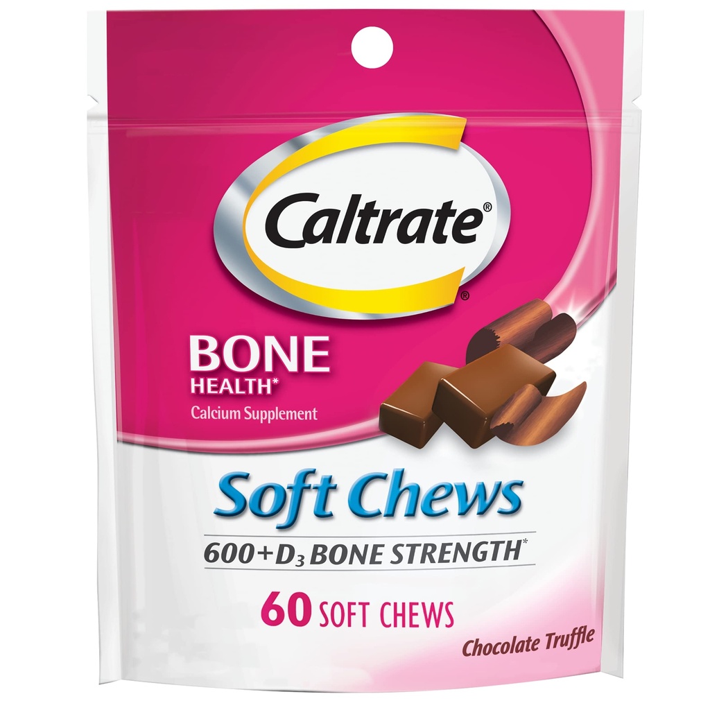 Caltrate Soft Chews 600 Plus D3 维生素D Calcium D 补充品,巧克力曲棍球 - 60 计数