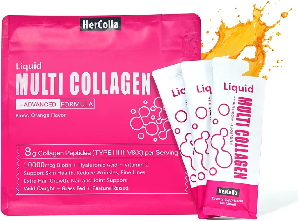液态Collagen for Women, 10000mcg Biotin, 8000mg 多型Collagen Peptides, Hyaluronic Acid, Vitamin C, Skin, Nail, 毛发补充剂, Orange Flavor, 10 Fl oz. (1 Pack, Orange)