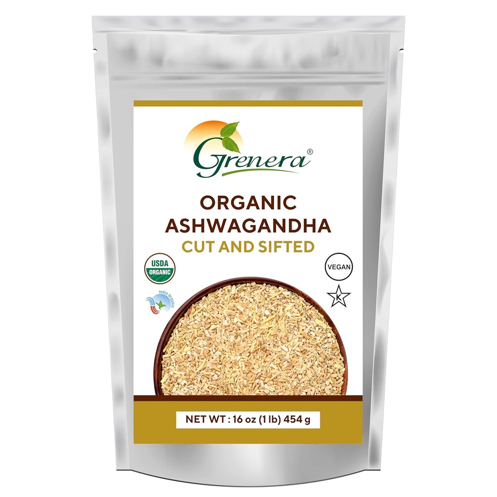 Grenera Organical Ashwagandha Root Cut and Sifted 1 lb, Withania Somnifera USDA 认证大小 3至 5 mm, 最佳制作草药茶