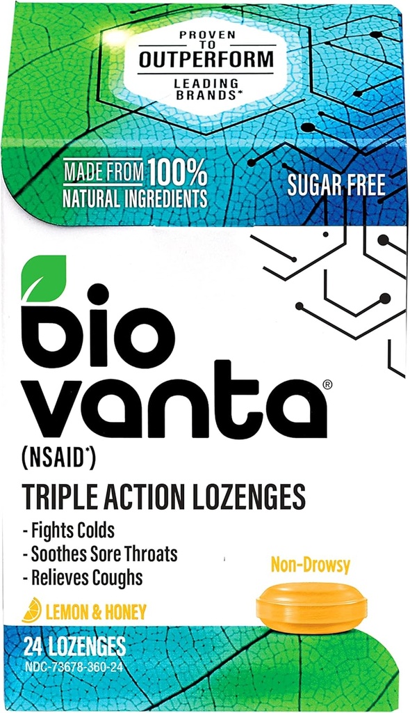 Biovanta 天然成份 不含糖的Lozenges 用于咳嗽、冷和酸喉,24 柠檬蜂蜜喉