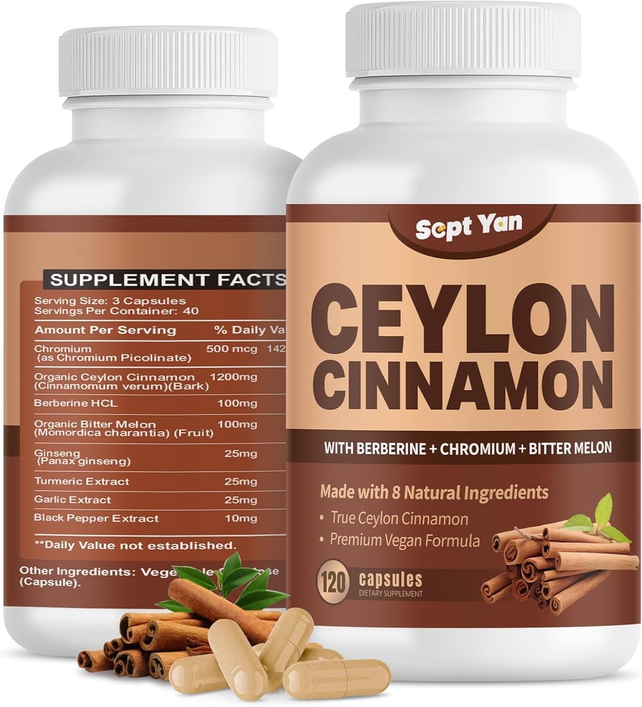 Ceylon Cinnamon Capsules 1200mg Cinnamon Bark 配有Chrimium,Berberine HCL & Turmeric, Vegan, 120 Capsules, 能量,代谢,心脏和免疫支持