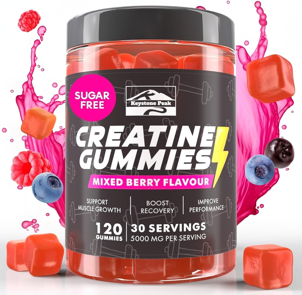 KP Creatine Monohydrate Gummys Mixed Berry for Men and Women, 100% Creatine Mixed Berry Gummys, 5g / service + Vegan, 无糖, Mixed Berry + 强力, 能量,肌肉和靴子增益 - 120 计数