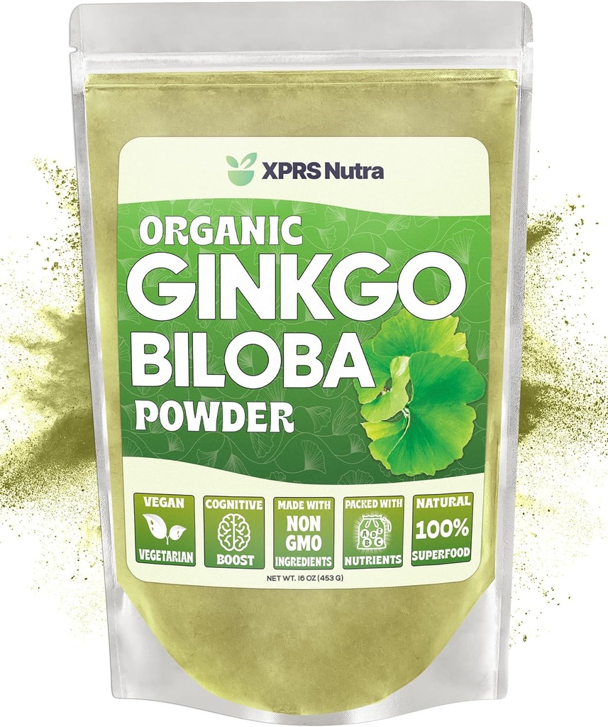 XPRS Nutra 有机金戈·比洛巴粉 - Gingko Biloba 认知补充剂 - Vegan 友好金戈巴·比洛巴 有机金戈·比洛巴 豁免助力金戈·比洛巴粉 (16 oz)