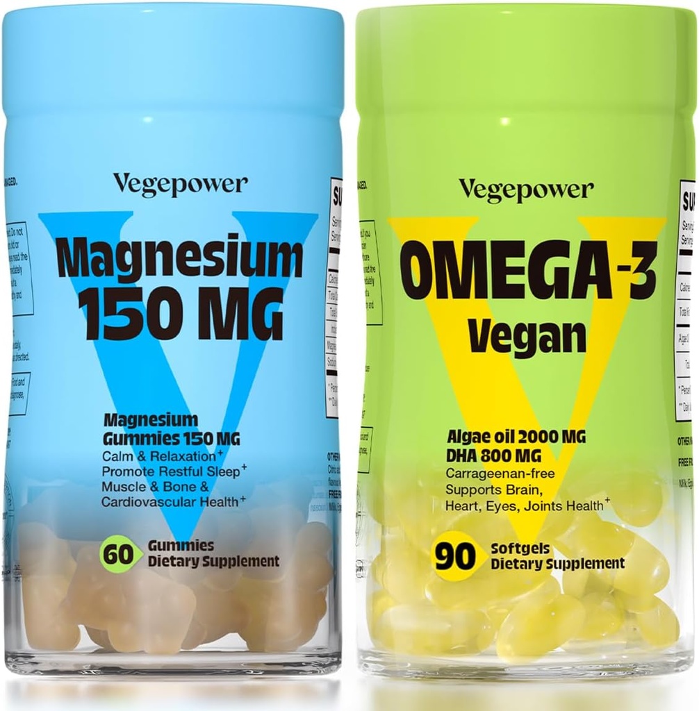 Vegan Omega-3 + 镁胶 + 藻类 Omega-3 800mg DHA 脑,心眼健康补充品 - 90 Countries + 150mg 镁胶 成人和孩子们冷静睡眠,放松