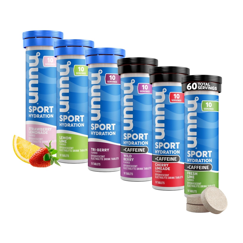 Nun Sport + Cafeine 电解片 – 在水中溶解, Variety Pack → 5 水分的基本电解剂 → 1g 糖饮料混合 → Vegan, 非 GMO → 6 Pack(60 总服务量)