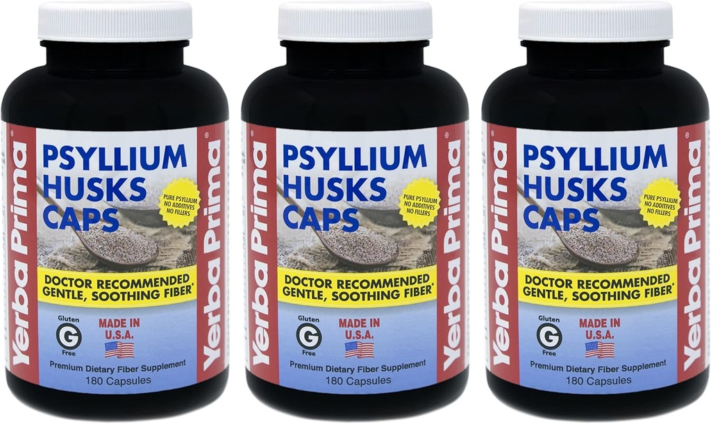 Yerba Prima Psyllium Husks Caps - 180盖(3套) - 天然纤维补充 - 科隆清洁 - 非GMO Gluten Free