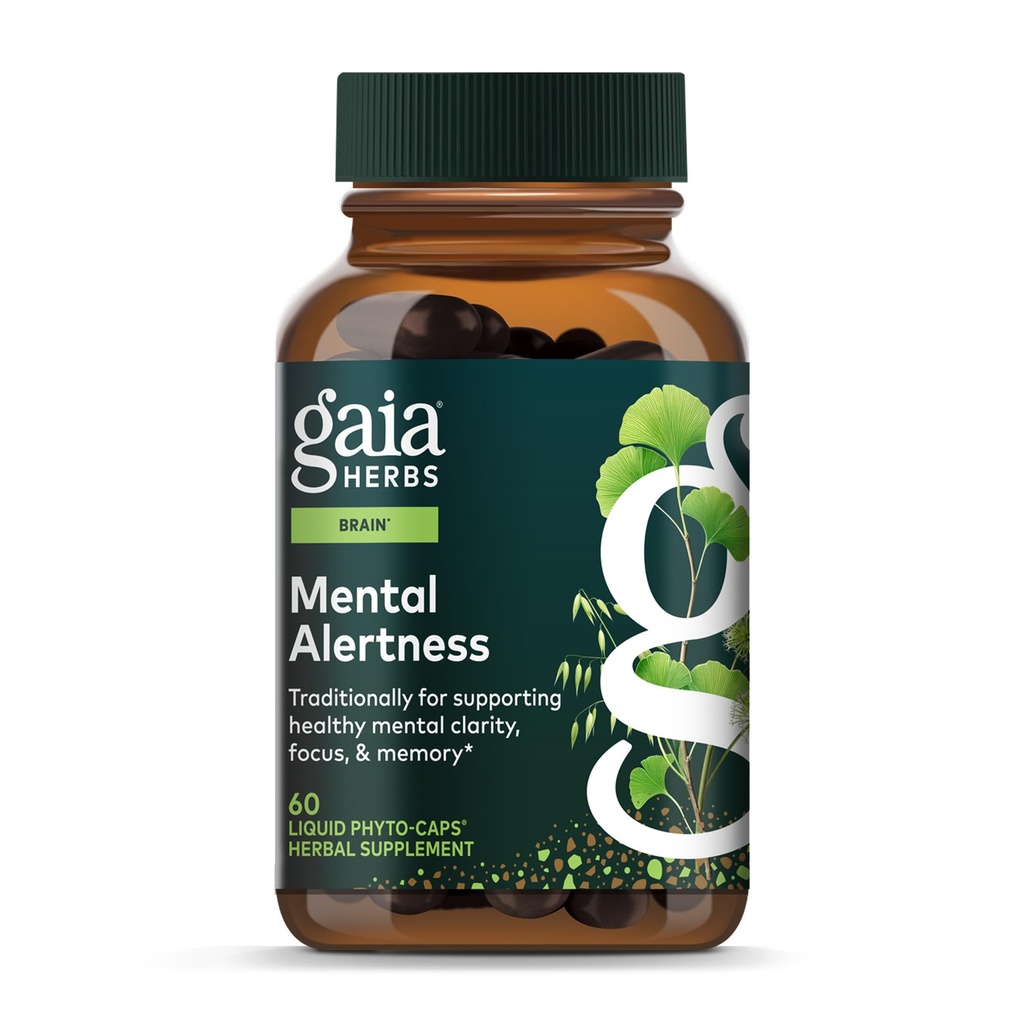 Gaia Herbs 精神警惕 - 大脑支持补充,帮助保持焦点和记忆* - 与Eleuthero, Ginkgo Leaf, Gotu Kola, Rosemary & Oats - 60 Vegan Liquid Phyto-Capsules (15日供应)