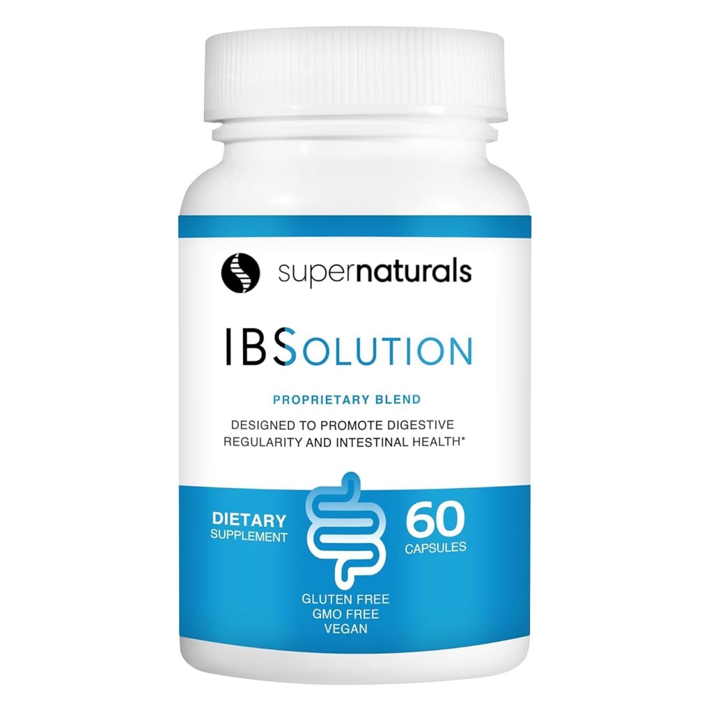 Super Naturals IBSolution - 在美国制造,非GMO,Gluten Free & Vegan(60 Capsules) - 带有Psyllium Husk的消化性古特健康补充剂 - 气体,Bloating,腹泻,便秘救济,腹痛