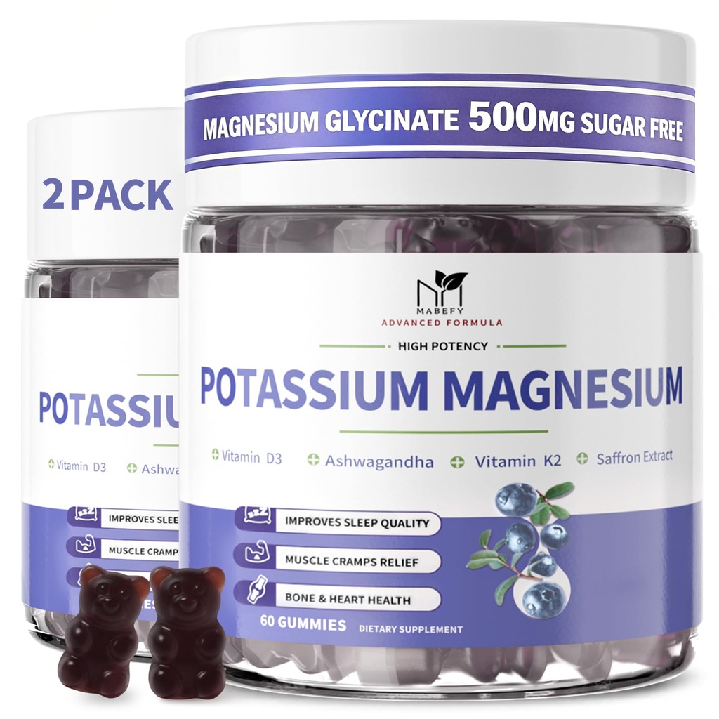2 Pack Potassium Magnesium Gummys,无糖 Potassium Gummys with Magnesium Glycinate 500mg 化学镁 Potassium 辅料 Calcium, Zinc, Vitamin for Leg Cramps & Muscle 配料 化学镁 Potassium 配料 Calcium, Zinc, Vitamin for Leg Cramps & Muscle 配料