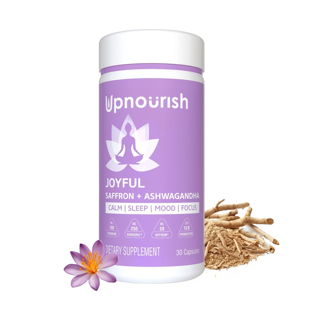 UpNourish Organic Ashwagandha Saffron Supplements with Probiotics - Stress Relief, Mood Enhancer, Calm Happy Pills Support Fatigue Focus Clarity with L-Theanine, Rhodiola, 30 Vegan Capsules