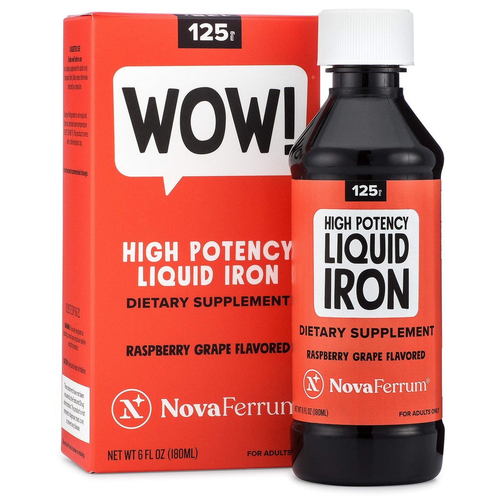NovaFerrum Wow,125 成人高潜力液态铁补充剂,铁缺乏,125mg 铁每5mL Dose,Vegan验证,Gluten自由认证,无糖
