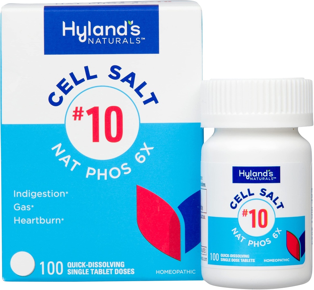 Hyland's No 10 Cell Salt NAT Phos 6X 平板电脑,自然缓解心脏灼伤,气体,以及消化不良,快速溶解平板电脑,100个
