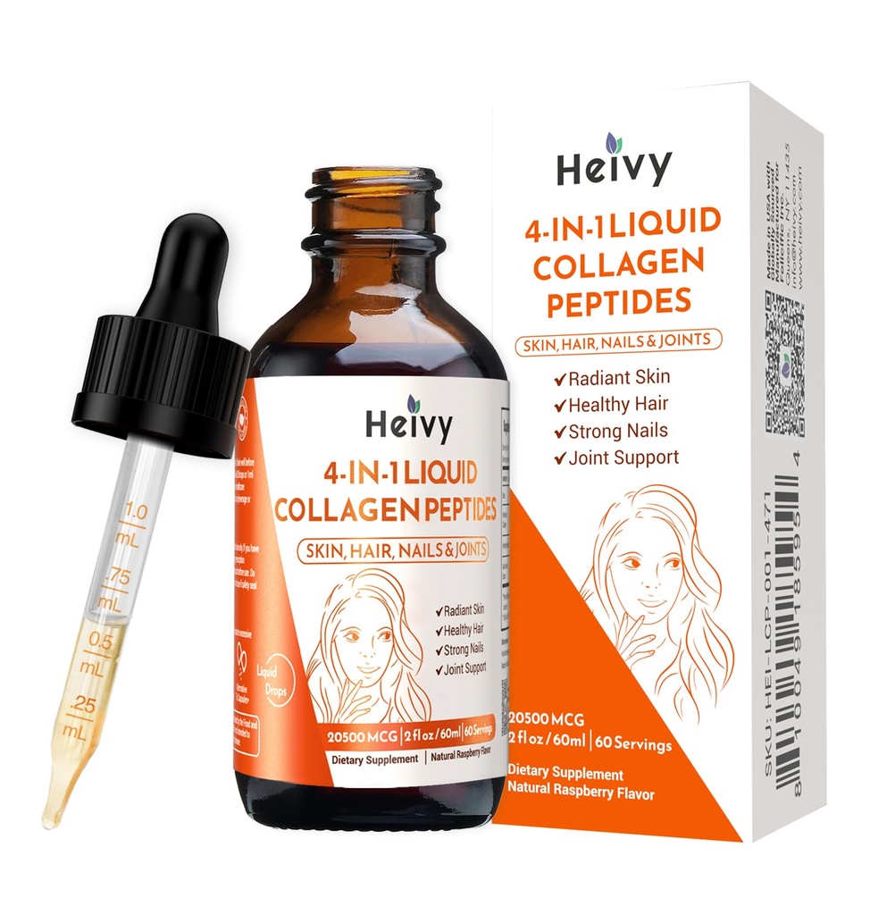 Heivy Liquid Collagen for Women, Liquid Biotin & Collagen for Radiant Skin, 头发生长, 强钉, 联合支持, 20500 mcg 4-in-1 Collagen Drops, 高级吸收, Raspberry Flavor - 2 FL OZ