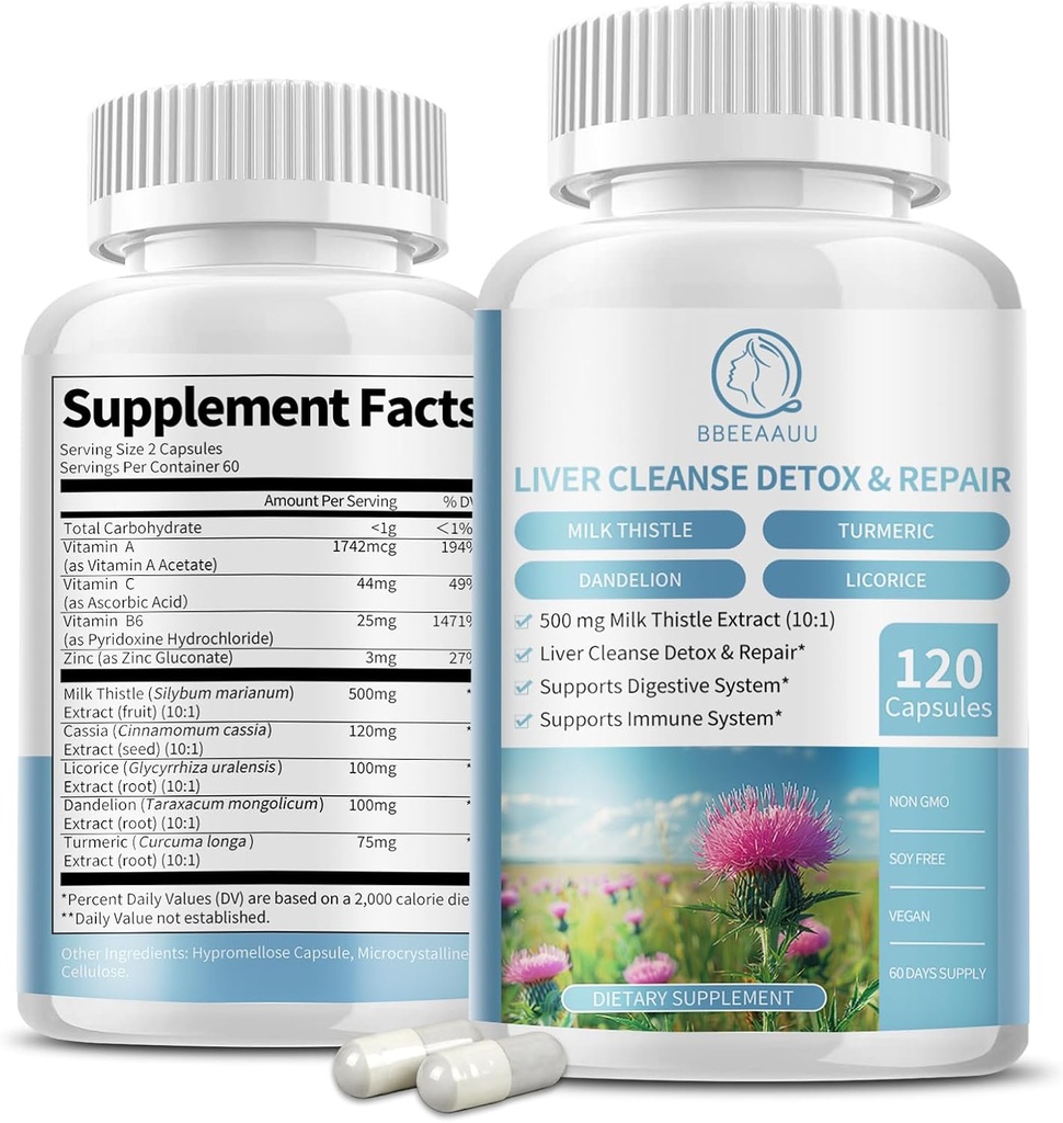 牛奶 This(Milk Thetle) 补充 Capsules, Liver Health Formules, 配有 Dandelion Root, 10:1 节选, 用于 Liver Detox Cleanse 支持, 消化和免疫系统, 120 Veggie Caps