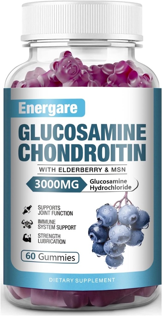 1 Pack 3000mg Glucosamine Chondroitin 与 MSM Gummys & Elderberry, 超强联合支援健康, 灵活性,抗氧化剂, 成人免疫补充Gummy, 男女60个计数