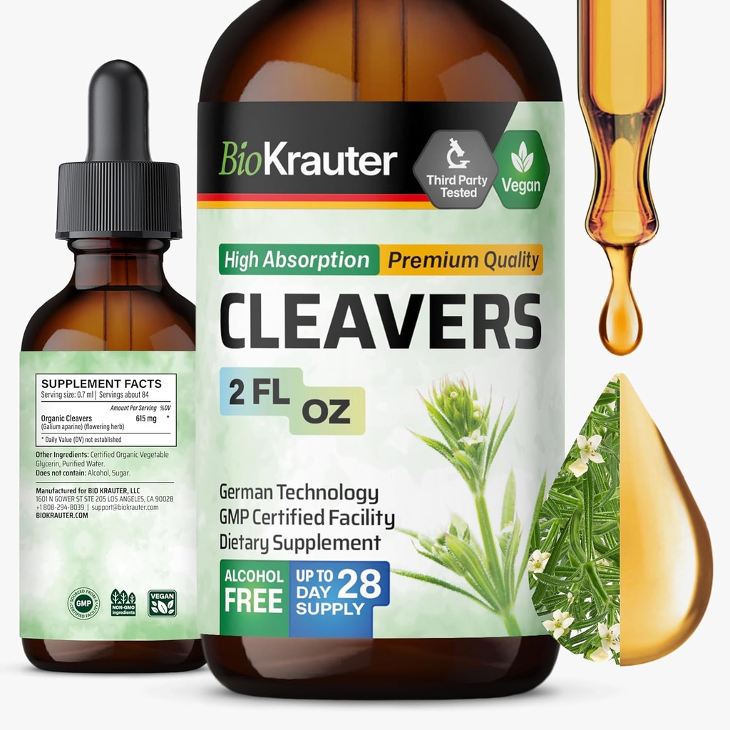 BIO KRAUTER Cleavers Tincture - Cleavers Herb液体提取 - 天然解毒 - 无酒精和糖 - Vegan 提取 2 Fl.Oz.