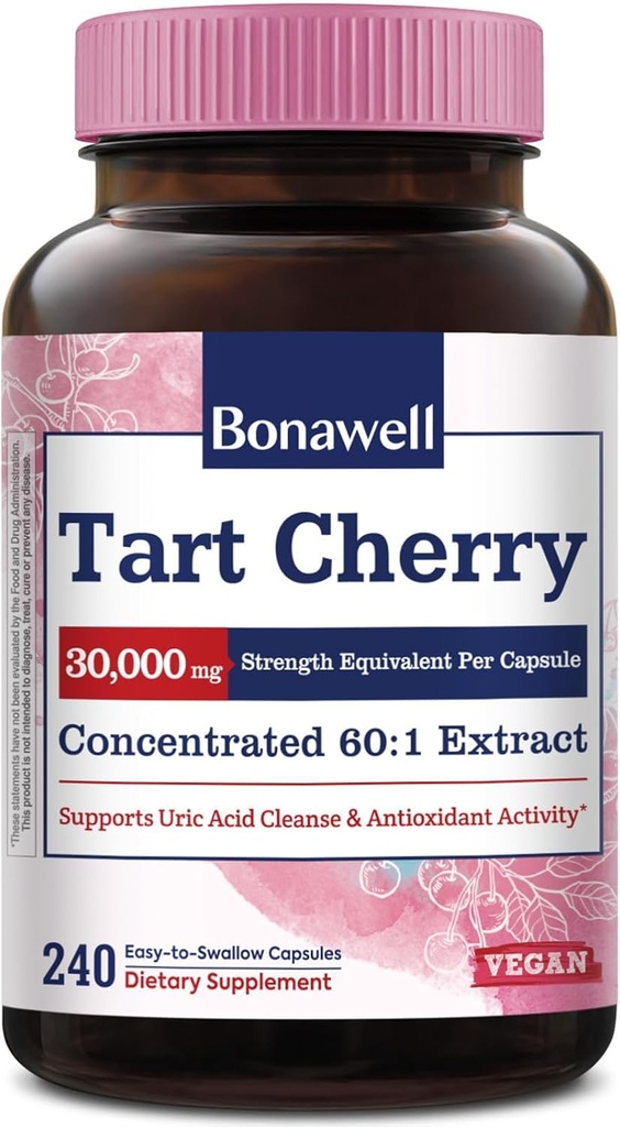 Bonawell Tart Cherry 60:1 提取量, 3000mg 强度,由蒙莫伦尼塔特樱桃制成,威力强大的Uric酸清洁剂,8个月供应量,240卡普尔