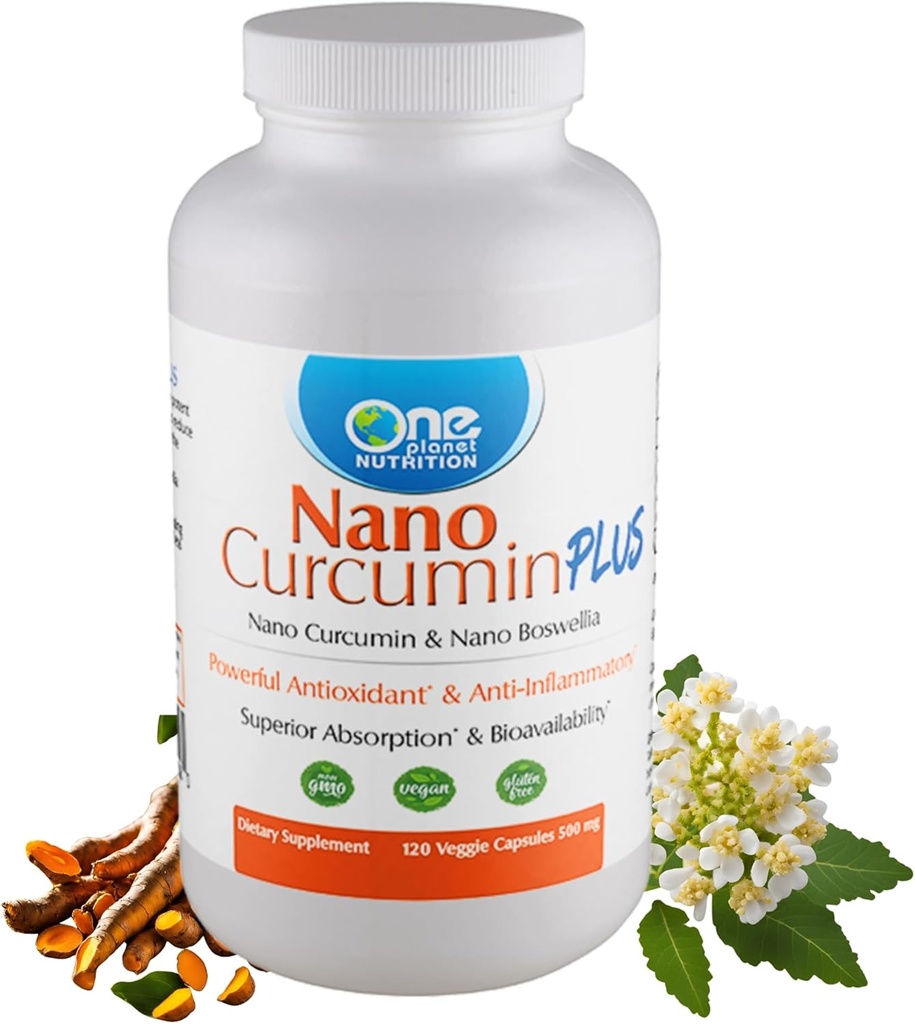 One Planet Nutrition Nano Curcumin Plus 500 mg Veggie Capsules (240 Servings), Nano Curcumin with Boswellia for High Absorption, Supports Joint and Immune Health, Non-GMO, Vegan, Gluten-Free