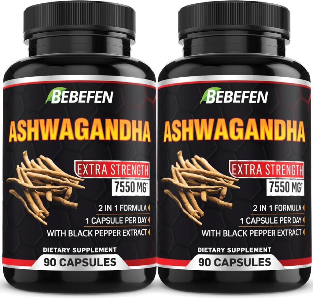 BEBEFEN Ashwagandha Capsules - 7550mg 配黑椒抽取剂 - 90 Capsules Ashwagandha 能源支助补充剂 - 3个月供应(包2)