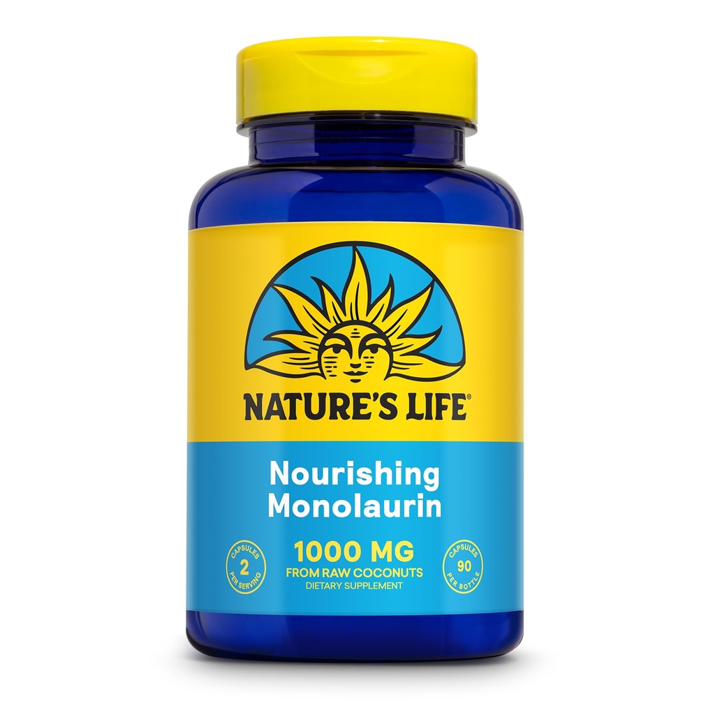自然生命monolaurin 1000 mg, Natural Raw Coconut中的Nourishing Monolaurin, Immune支助补编,Gut健康,平衡Gut Flora,60天保障,45个服务,90个蔬菜卡普尔