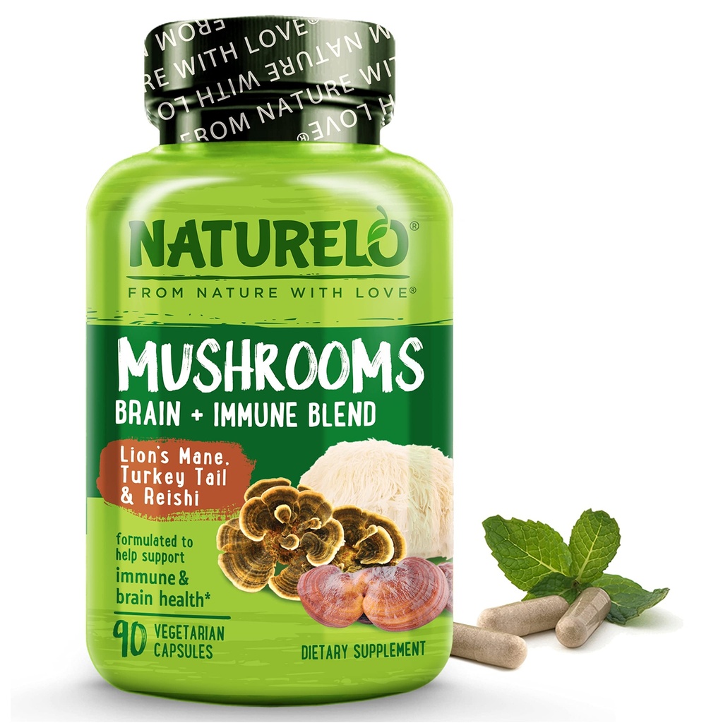 NATURELO 蘑菇 与Lion s Mane, Reishi, Turkey 90 Vegan Friendly Capsules 一起补充大脑和免疫健康