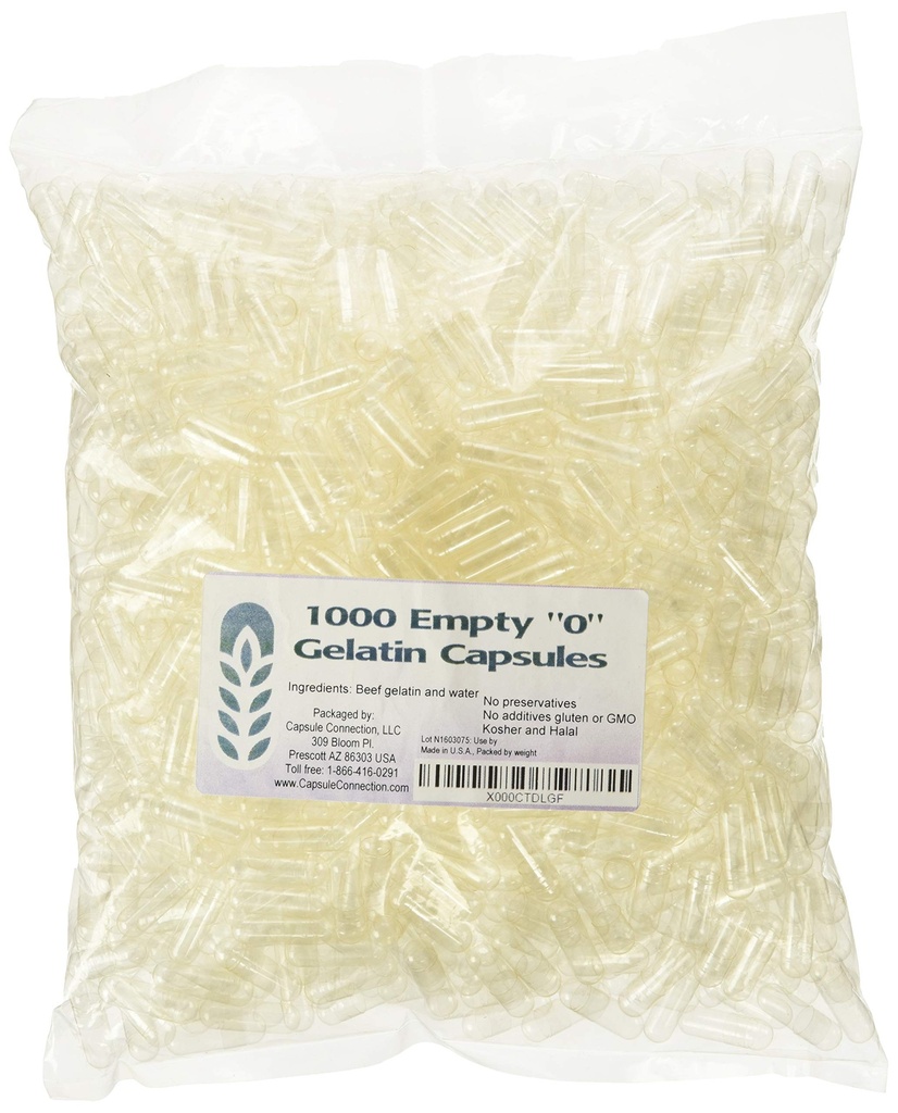 Capsule Connection 1000 bulk "0" 空的 Gelatin Capsules, 美国制造, 可重置的袋