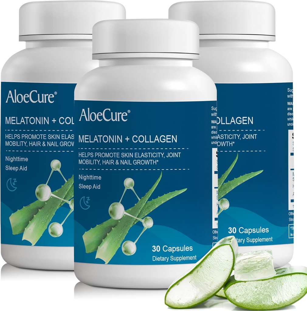 AloeCure Natural Melatonin + Collagen 与有机Aloe Vera – 休息夜的自然睡眠援助补充 – Collagen Complex 用于联合强壮,皮肤弹性,头发和钉状生长, 30 Capsules