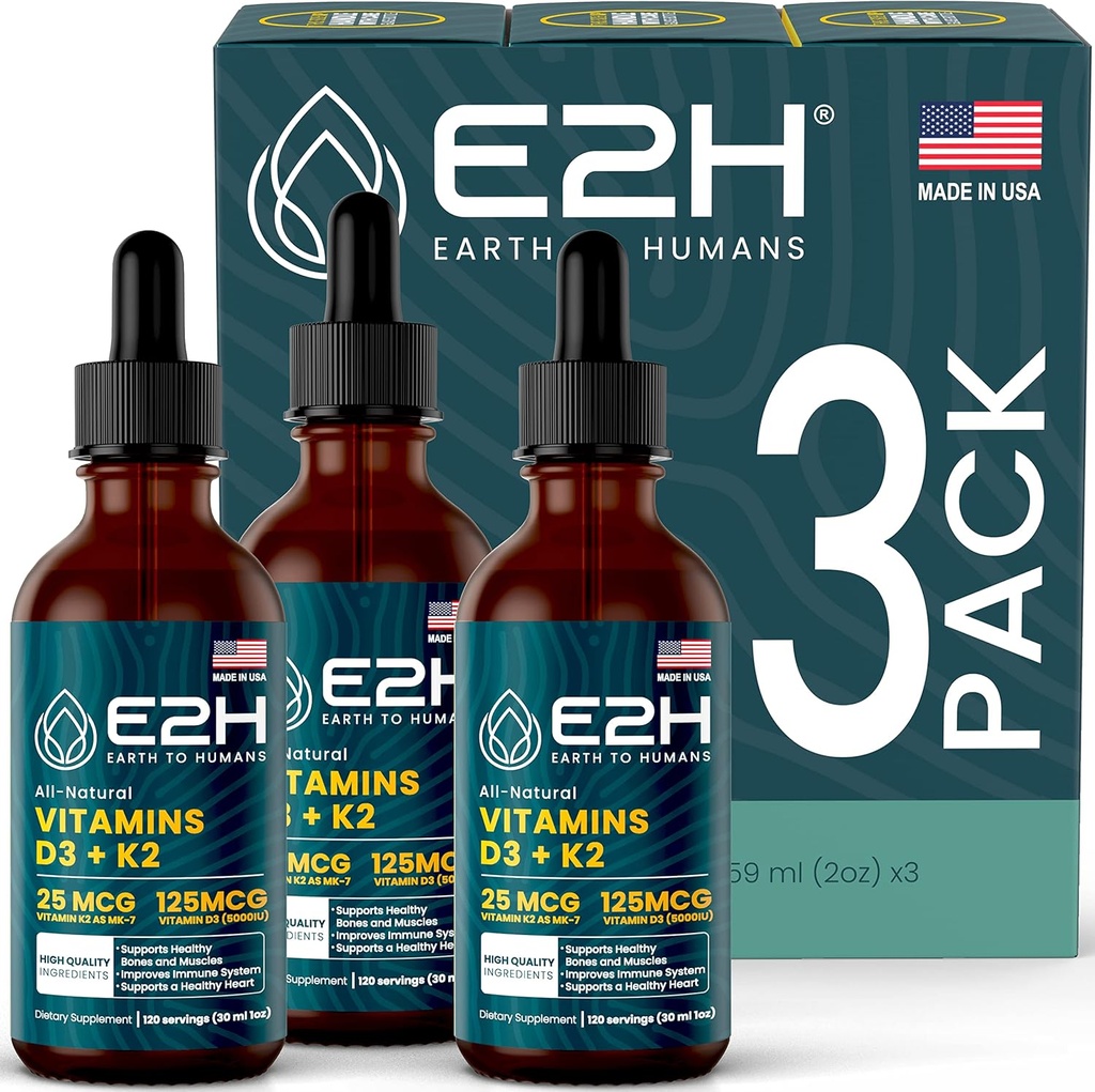 E2H Earth to Human 维生素D3 & K2 免疫支持补充剂 - 液体维生素D35000 IU - 在美国制造 QQ Non-GMO, Vegan - (3瓶)
