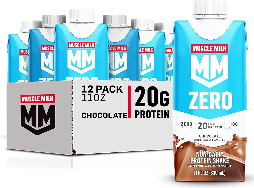 肌肉牛奶 零蛋白 巧克力 11 Fl Oz Carton, 12 Pack, 20g 蛋白质 零糖 100 Calories, Calcium, Vitamins A, C & D, 4g Fiber, Energing Snack, 工作恢复, 包装 May Vary, 11 Fl Ozz (Pack of 12)